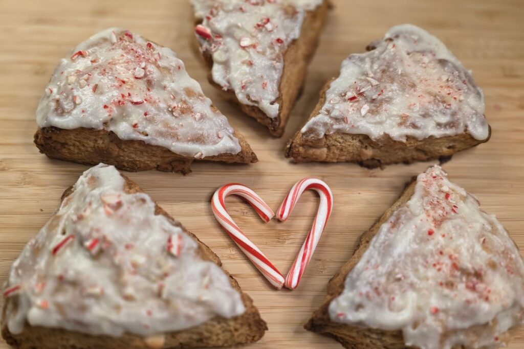 FMF white chocolate peppermint scones on counter