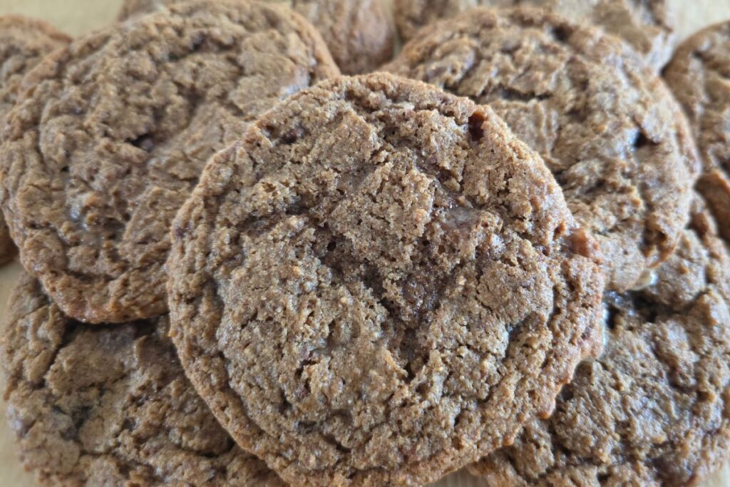 close up view of espresso toffee chip cookies